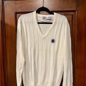 Izod Vintage Cream V-Neck Cable Knit Sweater with Embroidered Logo